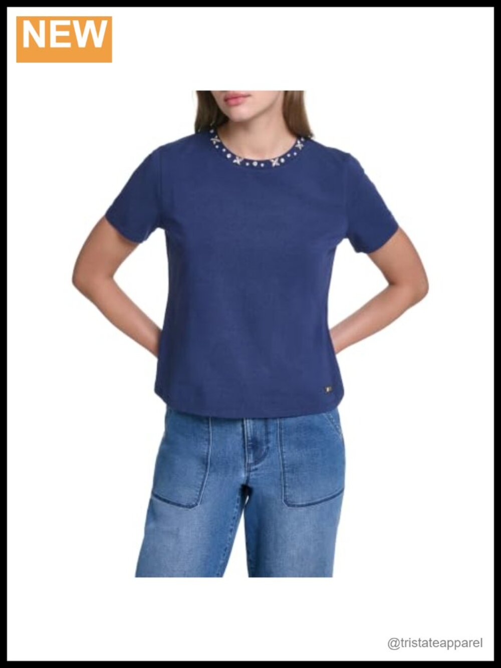 Embellished Crew Neck Short Sleeve Blouse Cotton Modal Stretch
